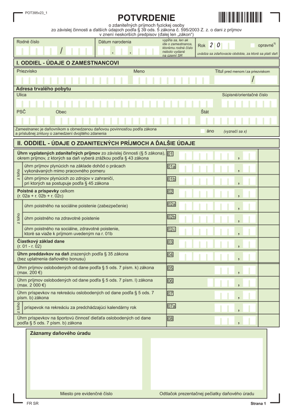 Potvrdenie o zdaniteľných príjmoch
